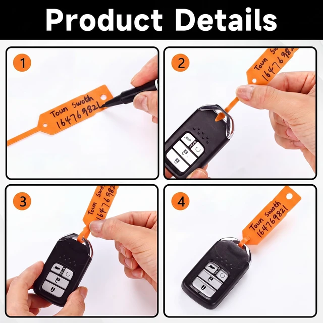 Alt view image 3 of 6 - 2000 Pcs Self Locking Arrow Key Tags,Orange, 4 1/2 x 3/4 Inch Car Key Labels Self Lock Identifiers Car Parts Tags with 5 Pcs Black Pens for Office Automotive Shop Supplies