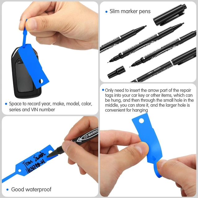 Alt view image 3 of 7 - 2000 Pcs Self Locking Arrow Key Tags,Blue, 4 1/2 x 3/4 Inch Car Key Labels Self Lock Identifiers Car Parts Tags with 5 Pcs Black Pens for Office Automotive Shop Supplies
