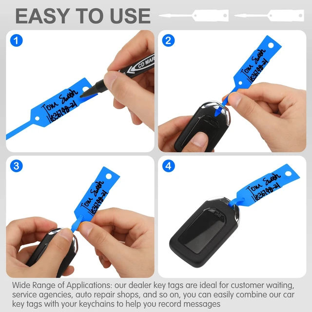 Alt view image 4 of 7 - 2000 Pcs Self Locking Arrow Key Tags,Blue, 4 1/2 x 3/4 Inch Car Key Labels Self Lock Identifiers Car Parts Tags with 5 Pcs Black Pens for Office Automotive Shop Supplies