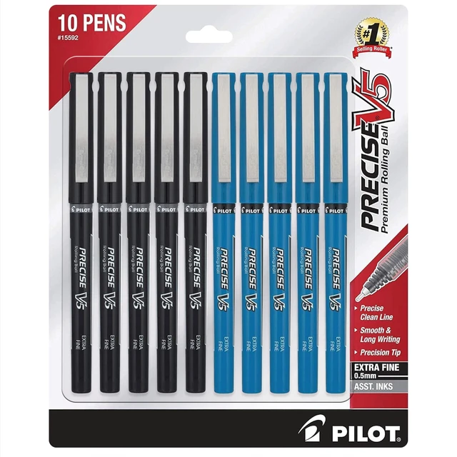 Main image of Precise V5 Rolling Ball Pen Extra Fine Point 0.5mm, 5 Black and 5 Blue Liquid Ink Rollerball Pens. pack of 10