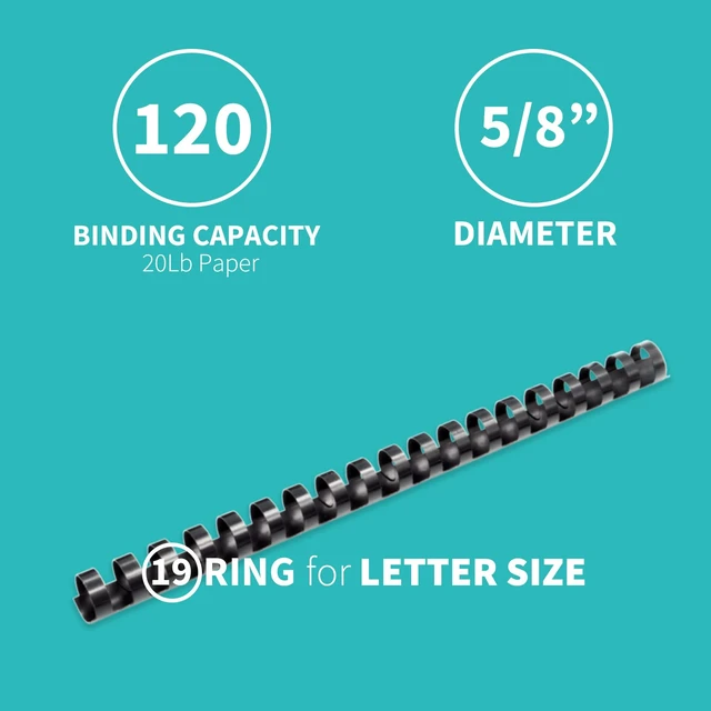 Alt view image 4 of 7 - Plastic Binding Comb Spines, 5/8 Inch, 19 Ring, Black, 100 Pack Plastic Binding Combs, 5/8 Inch Diameter, 120 Sheet Capacity, for Letter Size, for Students and Coworkers