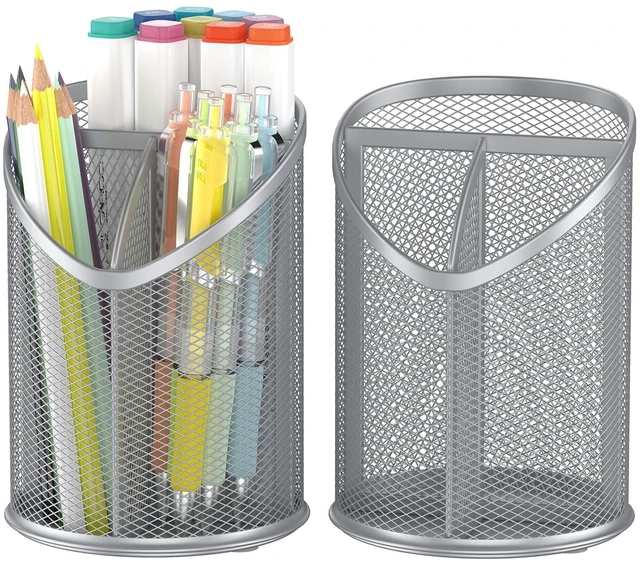 Main image of 2 Pack Pen Holder Mesh Round Pencil (Silver)