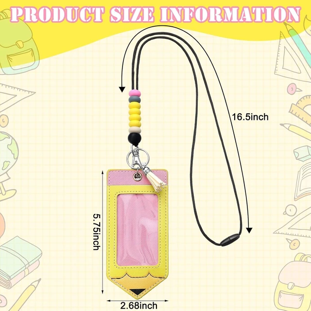 Alt view image 2 of 6 - 12 Pcs Pencil Teacher Lanyard ID Badge Holder Breakaway, Yellow Silicone Beads with Clear Window, Breakaway Clasp for Teachers, Pencil Shaped Badge Reel, School Office Gift
