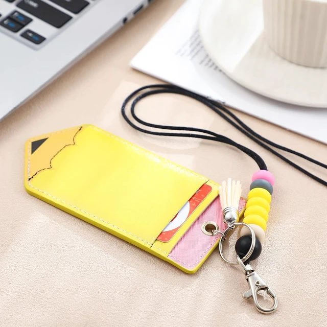 Alt view image 5 of 6 - 12 Pcs Pencil Teacher Lanyard ID Badge Holder Breakaway, Yellow Silicone Beads with Clear Window, Breakaway Clasp for Teachers, Pencil Shaped Badge Reel, School Office Gift