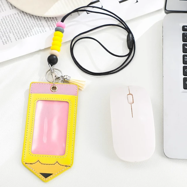 Alt view image 4 of 6 - 12 Pcs Pencil Teacher Lanyard ID Badge Holder Breakaway, Yellow Silicone Beads with Clear Window, Breakaway Clasp for Teachers, Pencil Shaped Badge Reel, School Office Gift