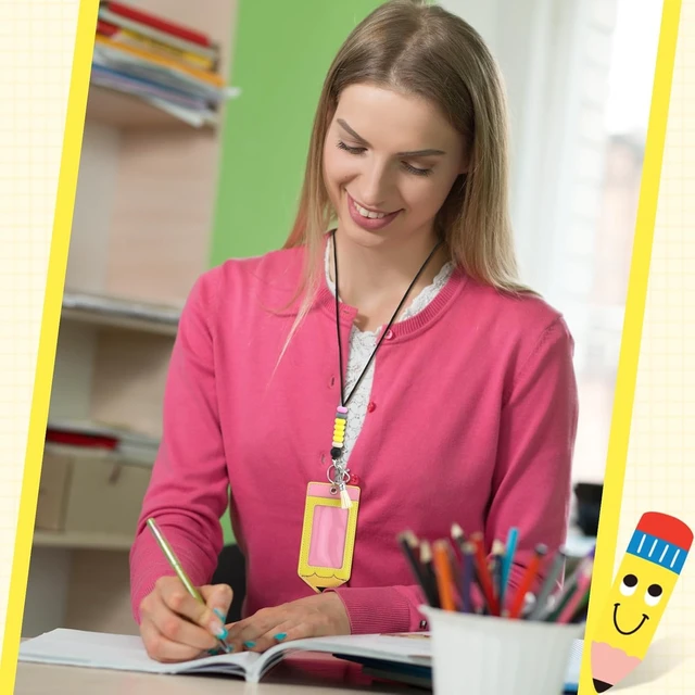 Alt view image 6 of 6 - 12 Pcs Pencil Teacher Lanyard ID Badge Holder Breakaway, Yellow Silicone Beads with Clear Window, Breakaway Clasp for Teachers, Pencil Shaped Badge Reel, School Office Gift