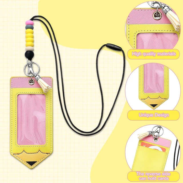 Alt view image 3 of 6 - 12 Pcs Pencil Teacher Lanyard ID Badge Holder Breakaway, Yellow Silicone Beads with Clear Window, Breakaway Clasp for Teachers, Pencil Shaped Badge Reel, School Office Gift