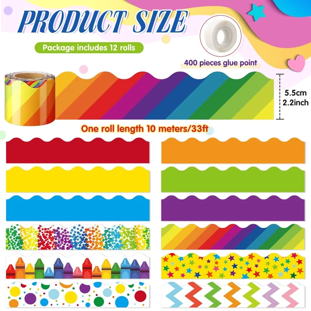 Alt view image 2 of 7 - 12 Rolls 394 ft Colorful Bulletin Board Borders Classroom Trim Decor Decorative Trim for Art Classroom Walls, Pencil Crayon Confetti Patterns, Back to School Fall Winter Holiday Themes