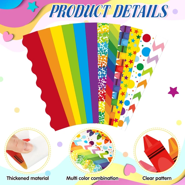 Alt view image 3 of 7 - 12 Rolls 394 ft Colorful Bulletin Board Borders Classroom Trim Decor Decorative Trim for Art Classroom Walls, Pencil Crayon Confetti Patterns, Back to School Fall Winter Holiday Themes