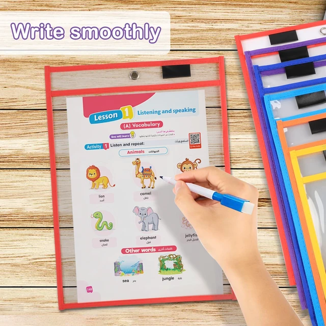 Alt view image 5 of 7 - Ufamrine 30 Pcs Dry Erase Pockets Sleeves Colorful, Job Ticket Holders (10" * 13"), Reusable Plastic Sleeves for Teacher Classroom
