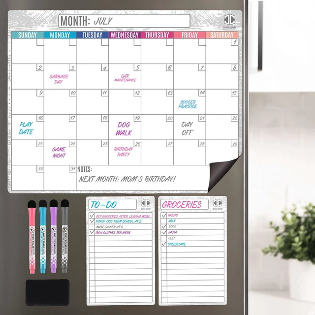 Main image of Dry Erase Magnetic Calendar for Refrigerator 16.5x13; 2 Wide Notepads; 4 Markers; Eraser - No Stain Monthly Fridge Calendar Whiteboard