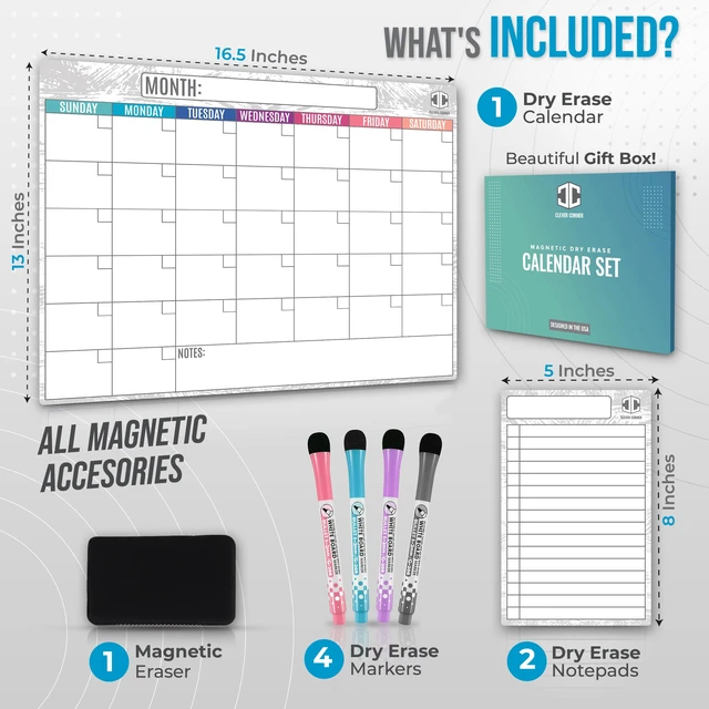 Alt view image 2 of 6 - Dry Erase Magnetic Calendar for Refrigerator 16.5x13; 2 Wide Notepads; 4 Markers; Eraser - No Stain Monthly Fridge Calendar Whiteboard