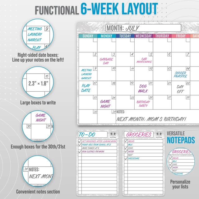 Alt view image 3 of 6 - Dry Erase Magnetic Calendar for Refrigerator 16.5x13; 2 Wide Notepads; 4 Markers; Eraser - No Stain Monthly Fridge Calendar Whiteboard