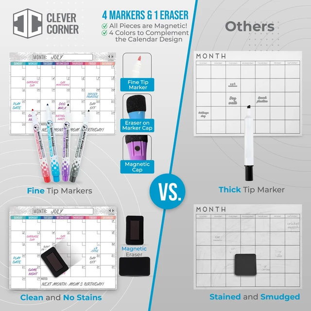 Alt view image 5 of 6 - Dry Erase Magnetic Calendar for Refrigerator 16.5x13; 2 Wide Notepads; 4 Markers; Eraser - No Stain Monthly Fridge Calendar Whiteboard