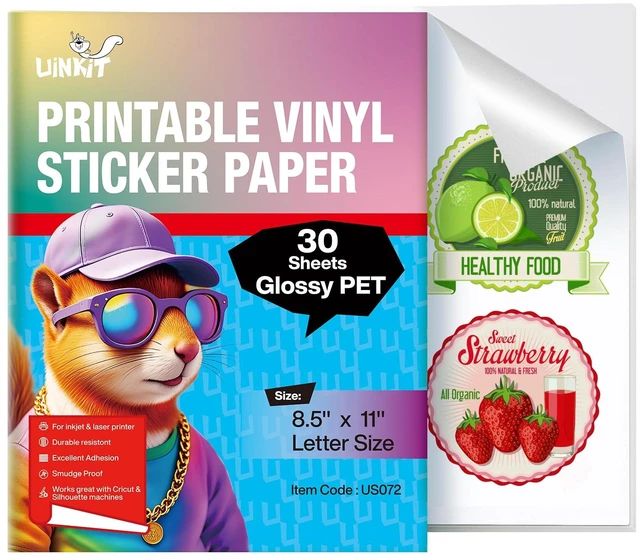 Main image of Glossy PET Vinyl Sticker Paper Letter Size 8.5x11, 30 Sheets Tear-Resistant & Waterproof, Inkjet/Laser Printers & Cricut, Small Business Labels, Crafts, Decals Sticker Making