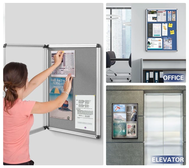 Alt view image 7 of 7 - SWANCROWN 28x26 in Enclosed Bulletin Board, Message Noticeboard, Grey Felt 6xA4, Tamperproof, Shatterproof, with Locking Door, Silver Aluminum Frame, Display Board for Wall, Office School Business