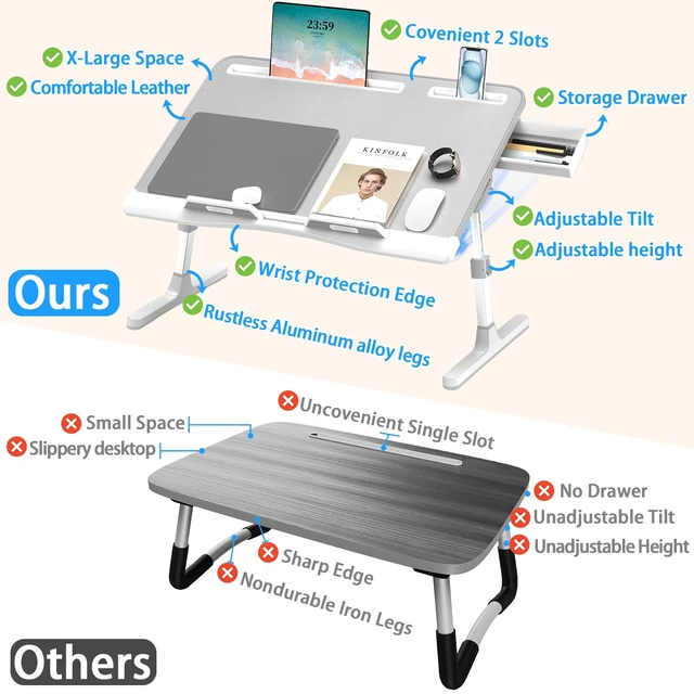 Alt view image 2 of 6 - Laptop Desk for Bed, X-Large Adjustable Laptop Table, Grey XXL-Extra Large, Foldable Lap Desks for Adults, with Storage Drawer, for Writing Painting Gaming Drawing on Couch Recliner