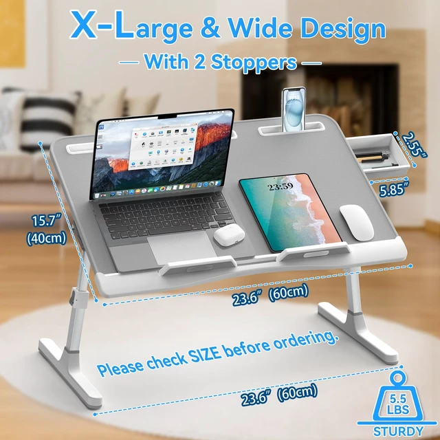 Alt view image 4 of 6 - Laptop Desk for Bed, X-Large Adjustable Laptop Table, Grey XXL-Extra Large, Foldable Lap Desks for Adults, with Storage Drawer, for Writing Painting Gaming Drawing on Couch Recliner