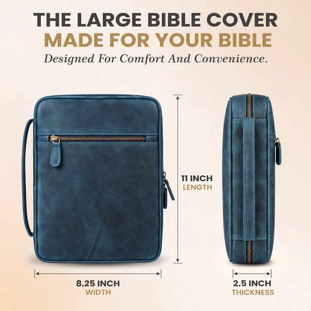 Alt view image 3 of 7 - Bible Cover Carrying Case Men, Navy Blue. Bible Case Fits Standard, Large & Study Bibles up to 10.5 x 8 x 2.5 In, Ideal for men, women, Church & Travel, Handmade