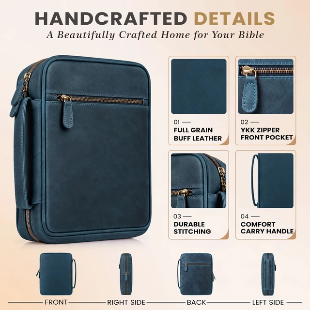 Alt view image 2 of 7 - Bible Cover Carrying Case Men, Navy Blue. Bible Case Fits Standard, Large & Study Bibles up to 10.5 x 8 x 2.5 In, Ideal for men, women, Church & Travel, Handmade