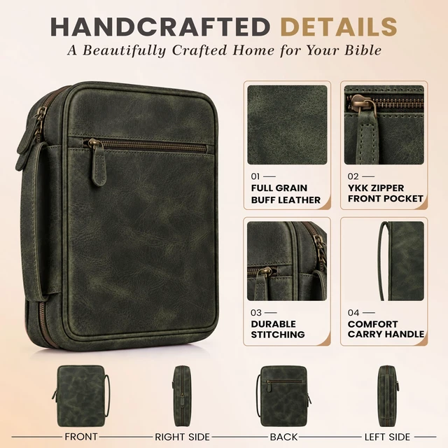 Alt view image 2 of 7 - Bible Case For Men Cover, Olive Green. Bible Case Fits Standard, Large & Study Bibles up to 10.5 x 8 x 2.5 In, Ideal for men, women, Church & Travel, Handmade