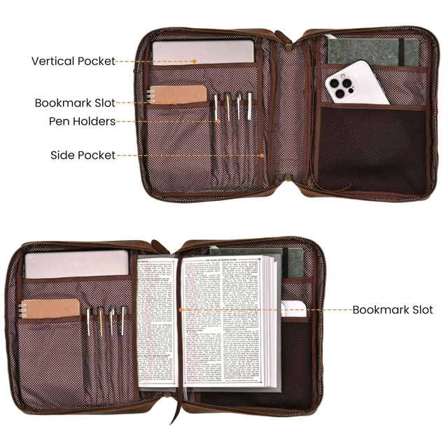 Alt view image 6 of 7 - Bible Bag Genuine Covers, Mahogany Brown. Bible Case Fits Standard, Large & Study Bibles up to 10.5 x 8 x 2.5 In, Ideal for men women, Church & Travel, Mahogany Brown