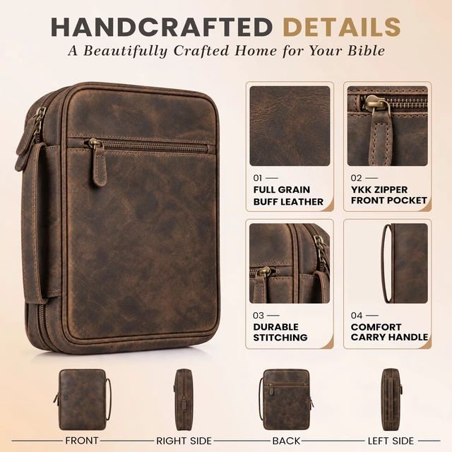 Alt view image 2 of 6 - Large Bible Cover with Carry Handle & Zipper Brown Bible Case Fits Standard, Large & Study Bibles up to 10.5 x 8 x 2.5 In, Ideal for men, women, Church & Travel, Handmade