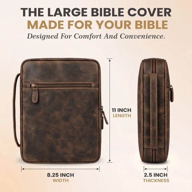 Alt view image 3 of 6 - Large Bible Cover with Carry Handle & Zipper Brown Bible Case Fits Standard, Large & Study Bibles up to 10.5 x 8 x 2.5 In, Ideal for men, women, Church & Travel, Handmade