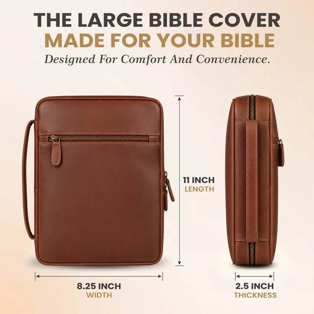Alt view image 3 of 7 - Large Bible Cover with Carry Handle & Zipper Bible Case Fits Standard, Large & Study Bibles up to 10.5 x 8 x 2.5 In, Ideal for men women, Church & Travel, Tan Brown