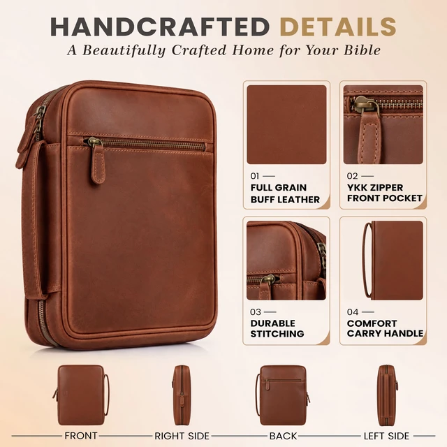 Alt view image 2 of 7 - Large Bible Cover with Carry Handle & Zipper Bible Case Fits Standard, Large & Study Bibles up to 10.5 x 8 x 2.5 In, Ideal for men women, Church & Travel, Tan Brown