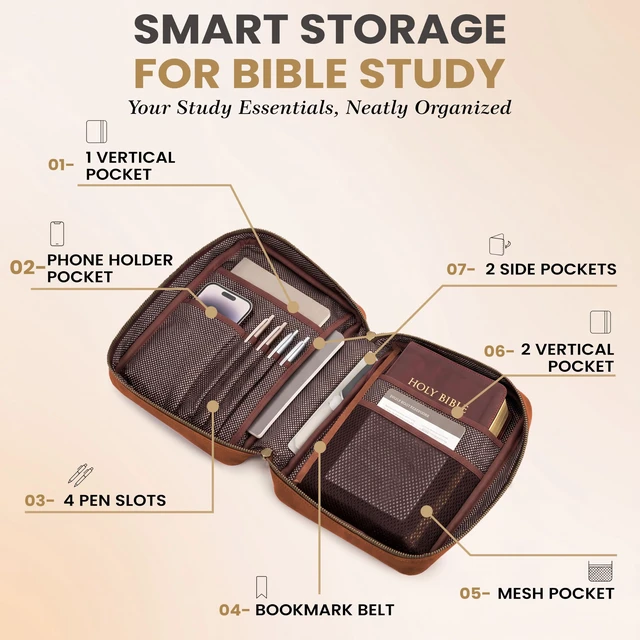 Alt view image 4 of 7 - Large Bible Cover with Carry Handle & Zipper Bible Case Fits Standard, Large & Study Bibles up to 10.5 x 8 x 2.5 In, Ideal for men women, Church & Travel, Tan Brown