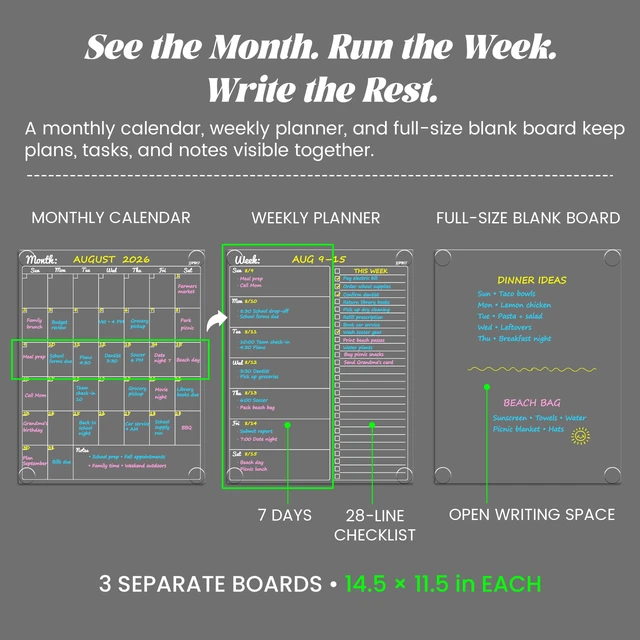 Alt view image 2 of 6 - Non-Magnetic Dry Erase Calendar for Fridge-Reusable Monthly&Weekly Planning Board and Blank Clear Board Bundle for All Smooth Surfaces. Clear Reusable Board Sticks to Fridge,Wall,Door&Glass