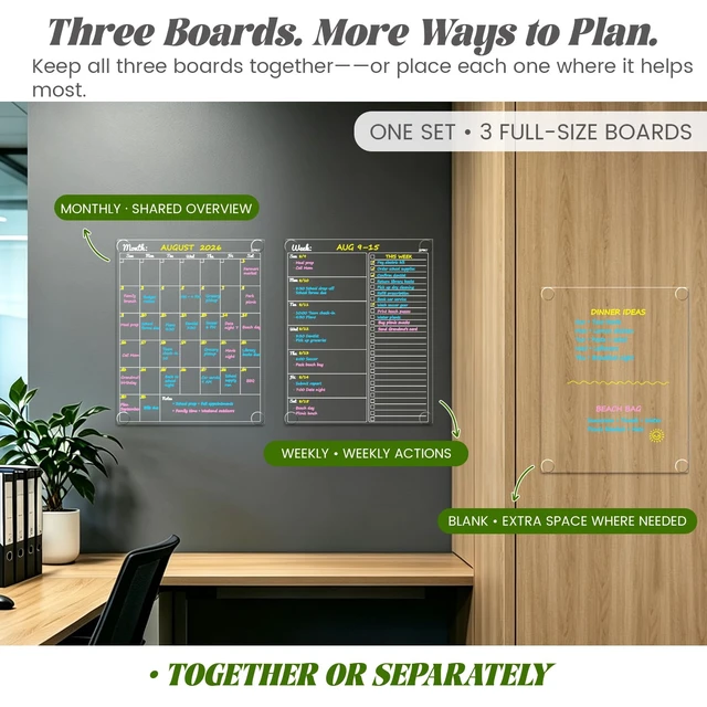 Alt view image 3 of 6 - Non-Magnetic Dry Erase Calendar for Fridge-Reusable Monthly&Weekly Planning Board and Blank Clear Board Bundle for All Smooth Surfaces. Clear Reusable Board Sticks to Fridge,Wall,Door&Glass