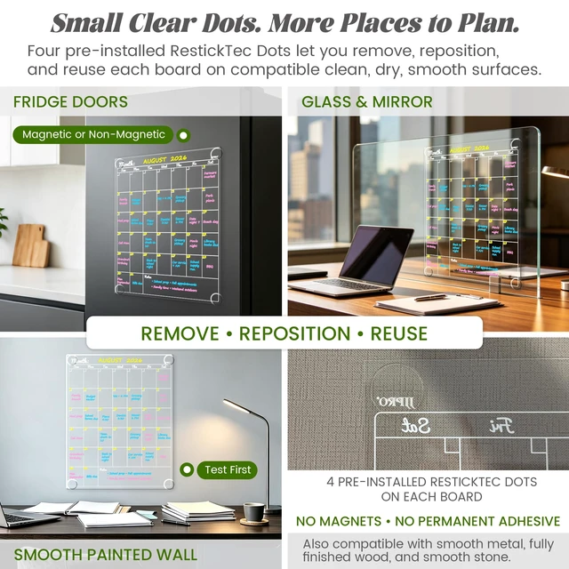 Alt view image 5 of 6 - Non-Magnetic Dry Erase Calendar for Fridge-Reusable Monthly&Weekly Planning Board and Blank Clear Board Bundle for All Smooth Surfaces. Clear Reusable Board Sticks to Fridge,Wall,Door&Glass