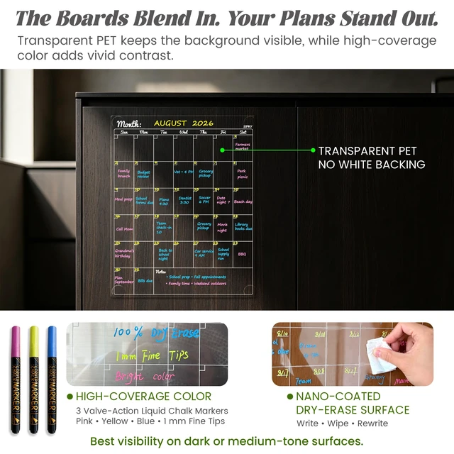 Alt view image 6 of 6 - Non-Magnetic Dry Erase Calendar for Fridge-Reusable Monthly&Weekly Planning Board and Blank Clear Board Bundle for All Smooth Surfaces. Clear Reusable Board Sticks to Fridge,Wall,Door&Glass