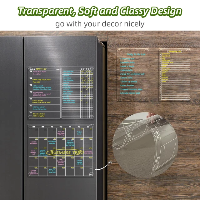Alt view image 3 of 6 - Non-Magnetic Calendar for Fridge-Clear Monthly Calendar,Weekly Planner,List and Blank Board -Reusable Board Sticks to Fridge,Wall,Door&Glass,Non Magnetic Fridge Calendar