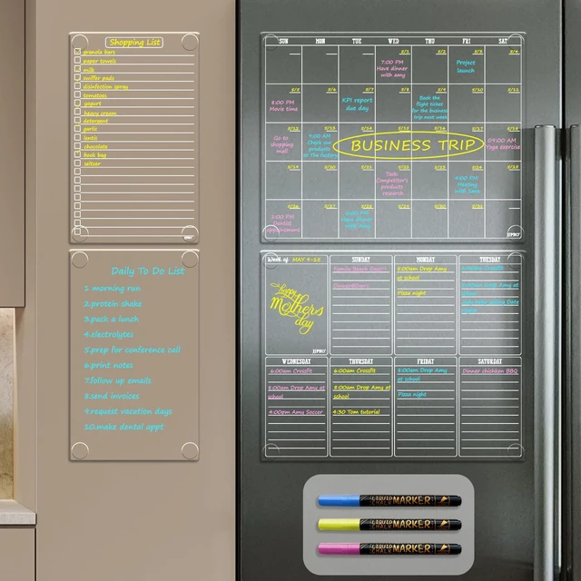 Main image of Non Magnetic Dry Erase Calendar for Fridge-Reusable Monthly&Weekly Planning Board, List and Blank Board for All Smooth Surfaces. Clear Reusable Board Sticks to Fridge,Wall,Door&Glass
