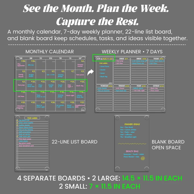 Alt view image 2 of 6 - Non Magnetic Dry Erase Calendar for Fridge-Reusable Monthly&Weekly Planning Board, List and Blank Board for All Smooth Surfaces. Clear Reusable Board Sticks to Fridge,Wall,Door&Glass