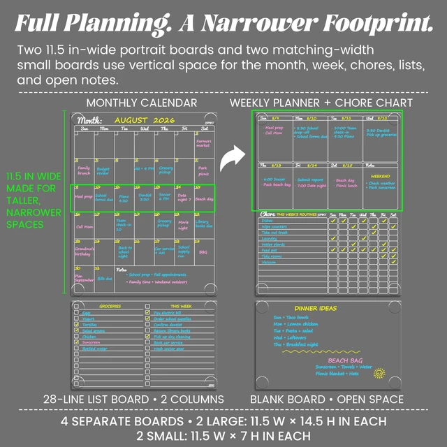 Alt view image 2 of 6 - Non-Magnetic Dry Erase Calendar - Monthly & Weekly Chart, List & Blank Board for Smooth Surfaces. Clear Reusable Calendar Sticks to Fridge, Cabinet, Door & Glass