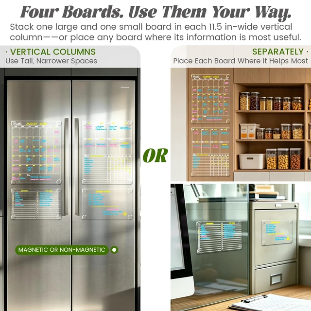 Alt view image 3 of 6 - Non-Magnetic Dry Erase Calendar - Monthly & Weekly Chart, List & Blank Board for Smooth Surfaces. Clear Reusable Calendar Sticks to Fridge, Cabinet, Door & Glass