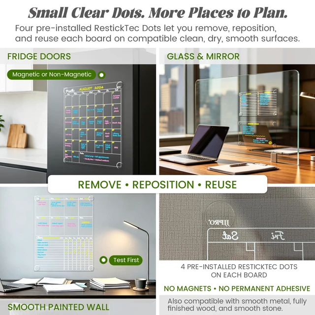 Alt view image 5 of 6 - Non-Magnetic Dry Erase Calendar - Monthly & Weekly Chart, List & Blank Board for Smooth Surfaces. Clear Reusable Calendar Sticks to Fridge, Cabinet, Door & Glass