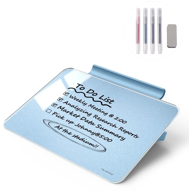 Main image of Small Desktop Whiteboard - Glass Dry Erase Board 8 X 6 Inches Tabletop Easel Whiteboard with Stand, Desk Board Buddy for Artist, Teacher and Student - Blue Gold