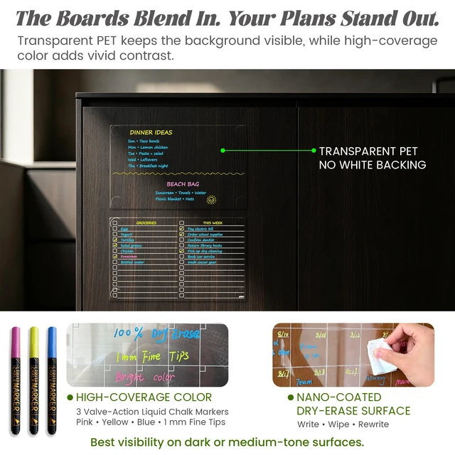 Alt view image 6 of 6 - Non-Magnetic Dry Erase Calendar - Monthly & Weekly Chart, List & Blank Board for Smooth Surfaces. Clear Reusable Calendar Sticks to Fridge, Cabinet, Door & Glass