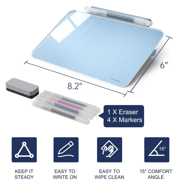 Alt view image 3 of 7 - Small Desktop Whiteboard - Glass Dry Erase Board 8 X 6 Inches Tabletop Easel Whiteboard with Stand, Desk Board Buddy for Artist, Teacher and Student - Blue Gold