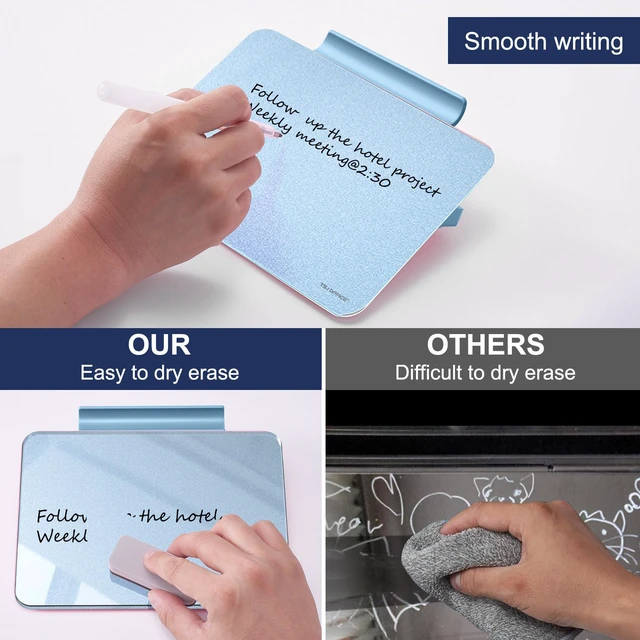 Alt view image 4 of 7 - Small Desktop Whiteboard - Glass Dry Erase Board 8 X 6 Inches Tabletop Easel Whiteboard with Stand, Desk Board Buddy for Artist, Teacher and Student - Blue Gold
