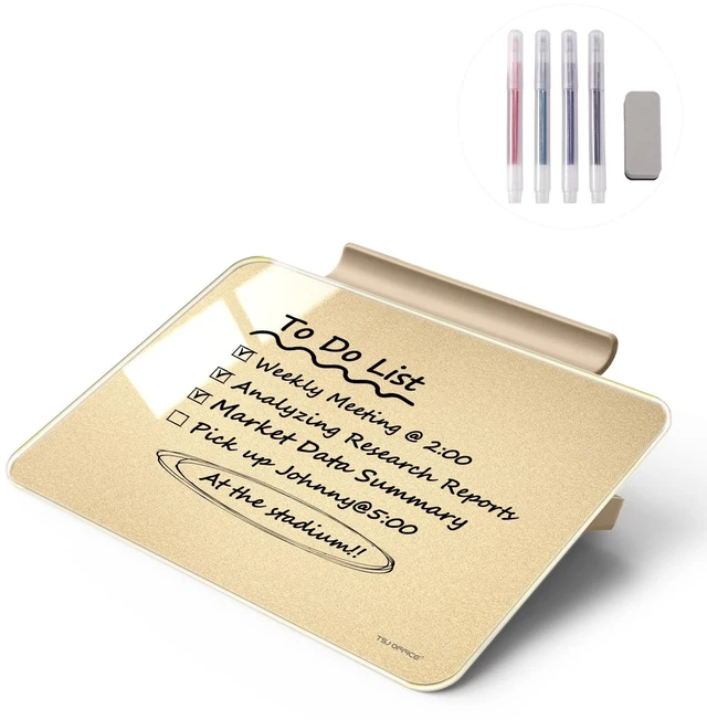 Main image of Small Desktop Whiteboard - Glass Dry Erase Board 8 X 6 Inches Tabletop Easel Whiteboard with Stand, Desk Board Buddy for Artist, Teacher and Student - Golden