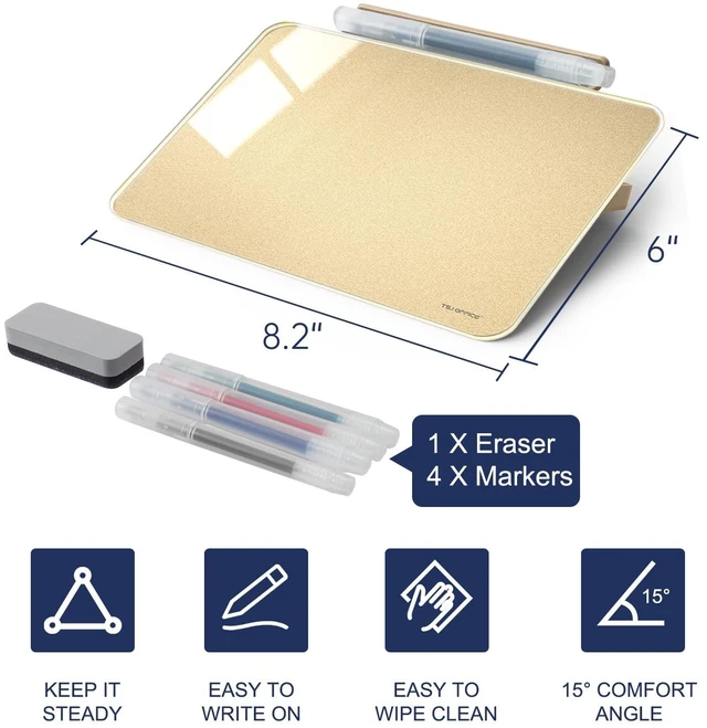 Alt view image 3 of 7 - Small Desktop Whiteboard - Glass Dry Erase Board 8 X 6 Inches Tabletop Easel Whiteboard with Stand, Desk Board Buddy for Artist, Teacher and Student - Golden