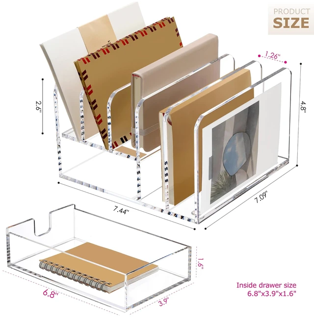 Alt view image 2 of 7 - Acrylic Mail Sorter Desk Organizer Holder with Drawer, 5 Compartments Clear Small File Script Letter Document Storage for Desk Bill Filling Envelope Holder Office, Home, School Organization