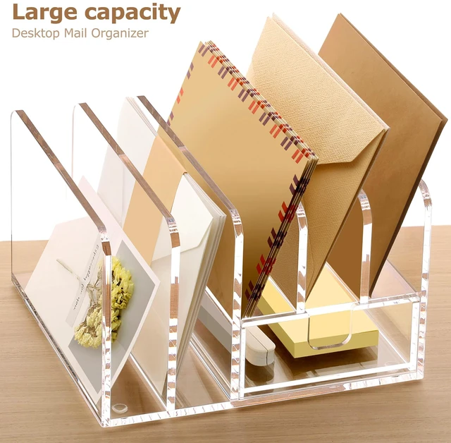 Alt view image 6 of 7 - Acrylic Mail Sorter Desk Organizer Holder with Drawer, 5 Compartments Clear Small File Script Letter Document Storage for Desk Bill Filling Envelope Holder Office, Home, School Organization