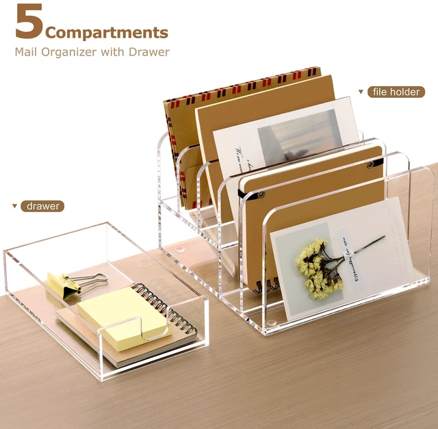 Alt view image 7 of 7 - Acrylic Mail Sorter Desk Organizer Holder with Drawer, 5 Compartments Clear Small File Script Letter Document Storage for Desk Bill Filling Envelope Holder Office, Home, School Organization